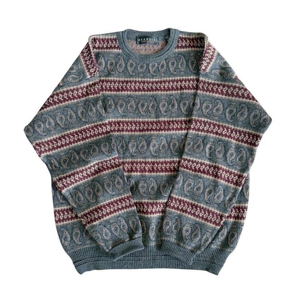 VTG Brandini Mens L Paisley 100% Merino Wool Knit Pullover Sweater MADE IN ITALY